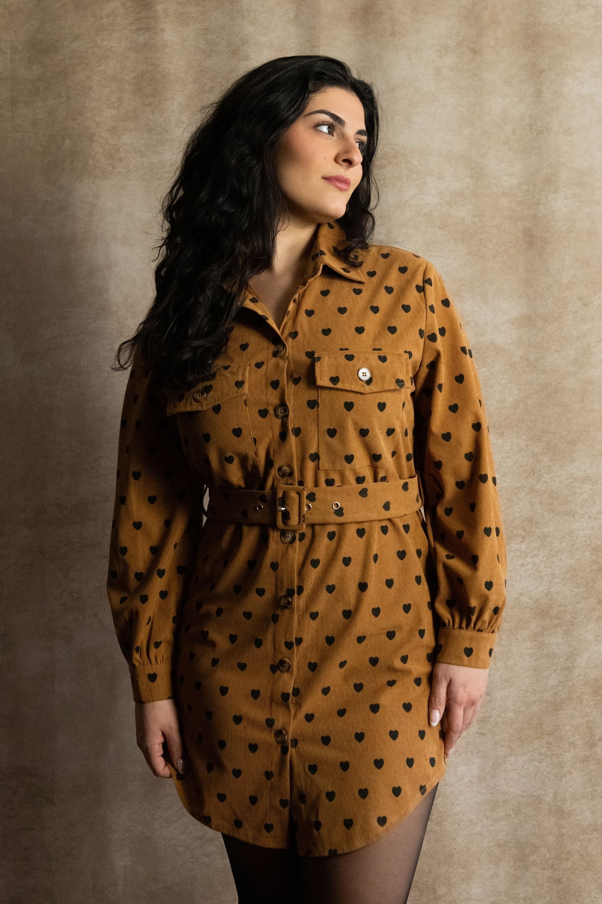 Stephanie Heart Print Tunic Shirt Long Sleeve Button Down Belted - Velora Luxury Fashion