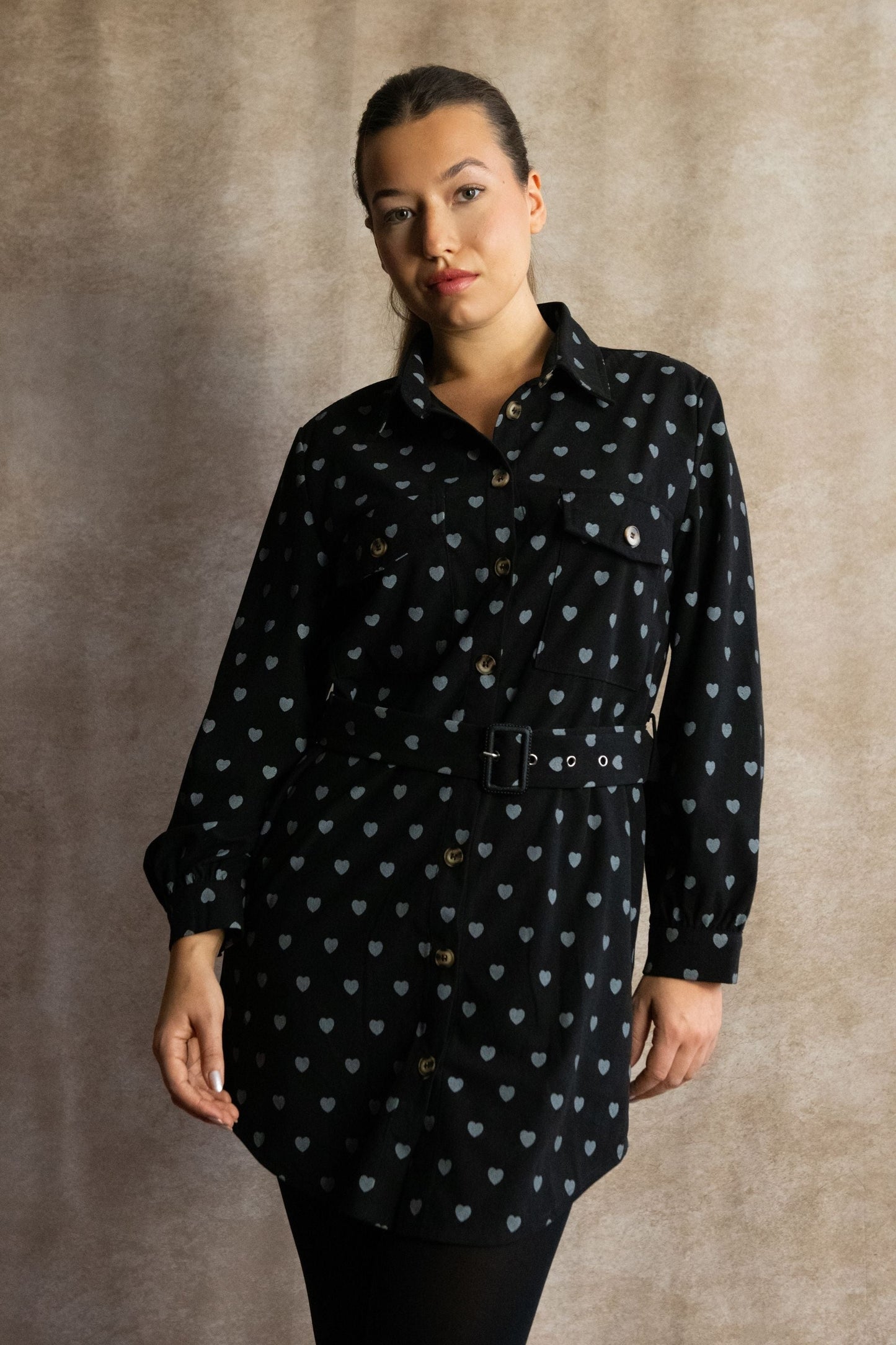 Stephanie Heart Print Tunic Shirt Long Sleeve Button Down Belted - Velora Luxury Fashion