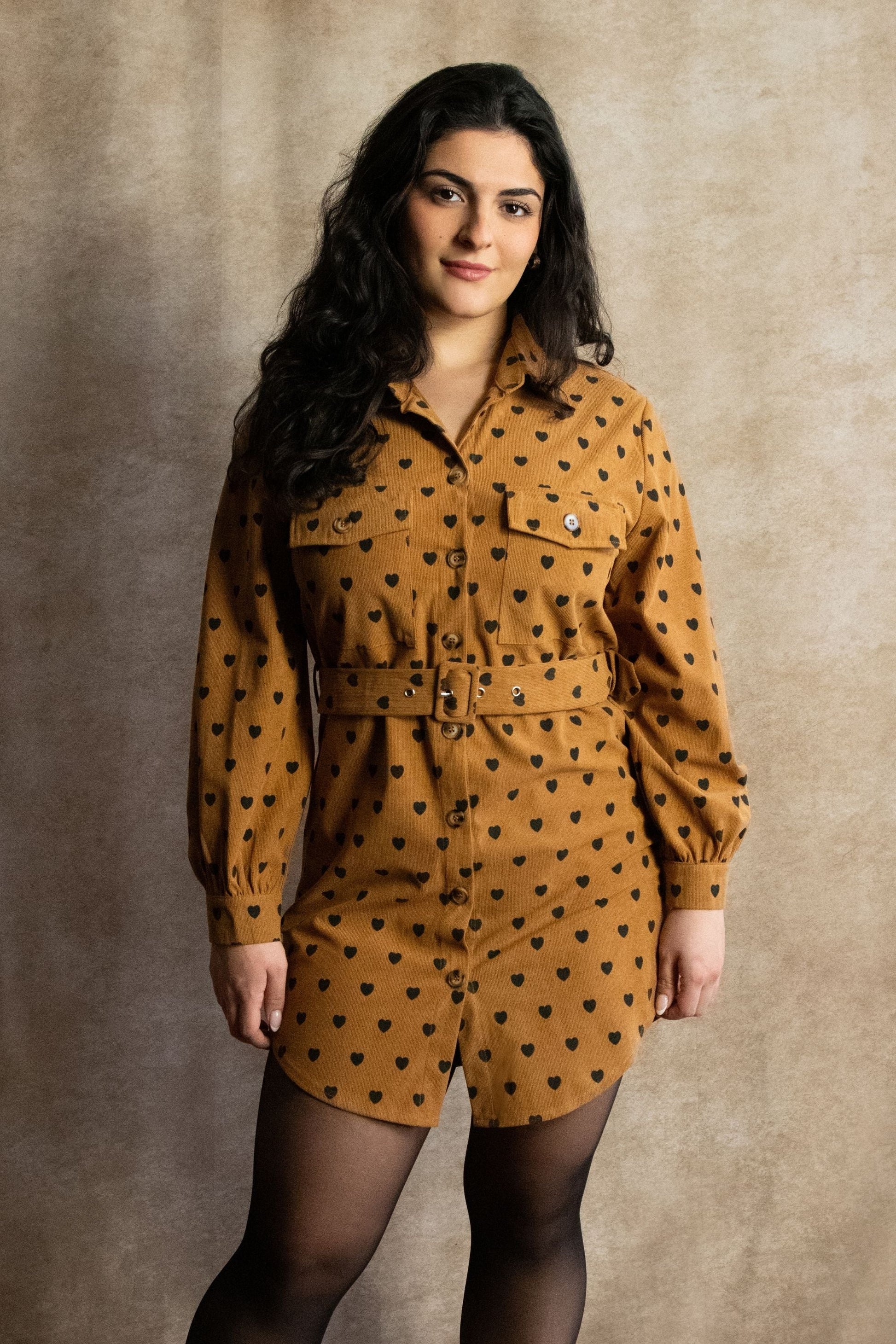 Stephanie Heart Print Tunic Shirt Long Sleeve Button Down Belted - Velora Luxury Fashion