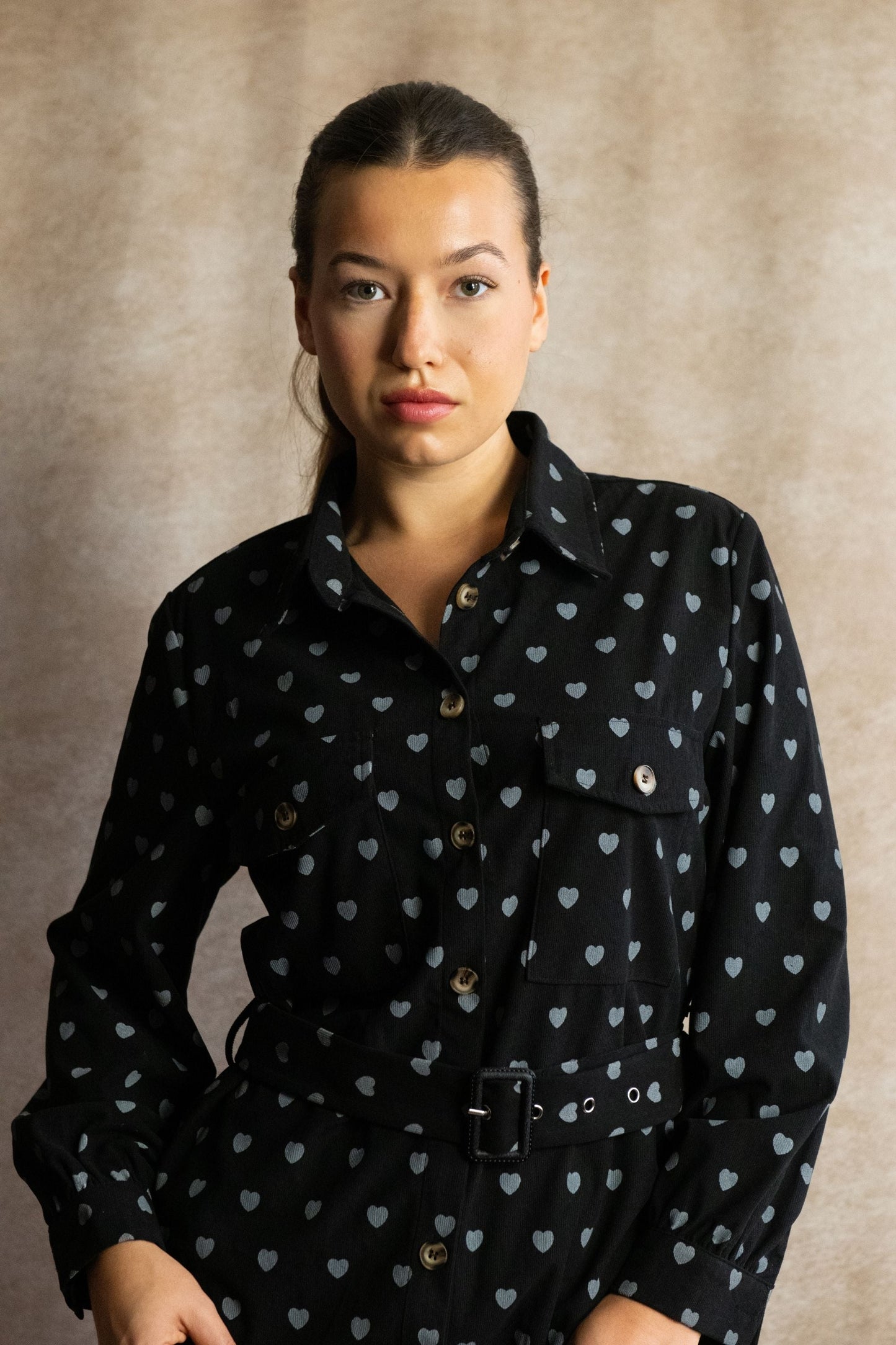 Stephanie Heart Print Tunic Shirt Long Sleeve Button Down Belted - Velora Luxury Fashion