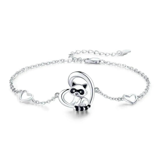 Sterling Silver 925 Heart Shaped Charm Raccoon Bracelet - Velora