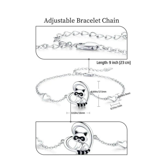 Sterling Silver 925 Heart Shaped Charm Raccoon Bracelet - Velora