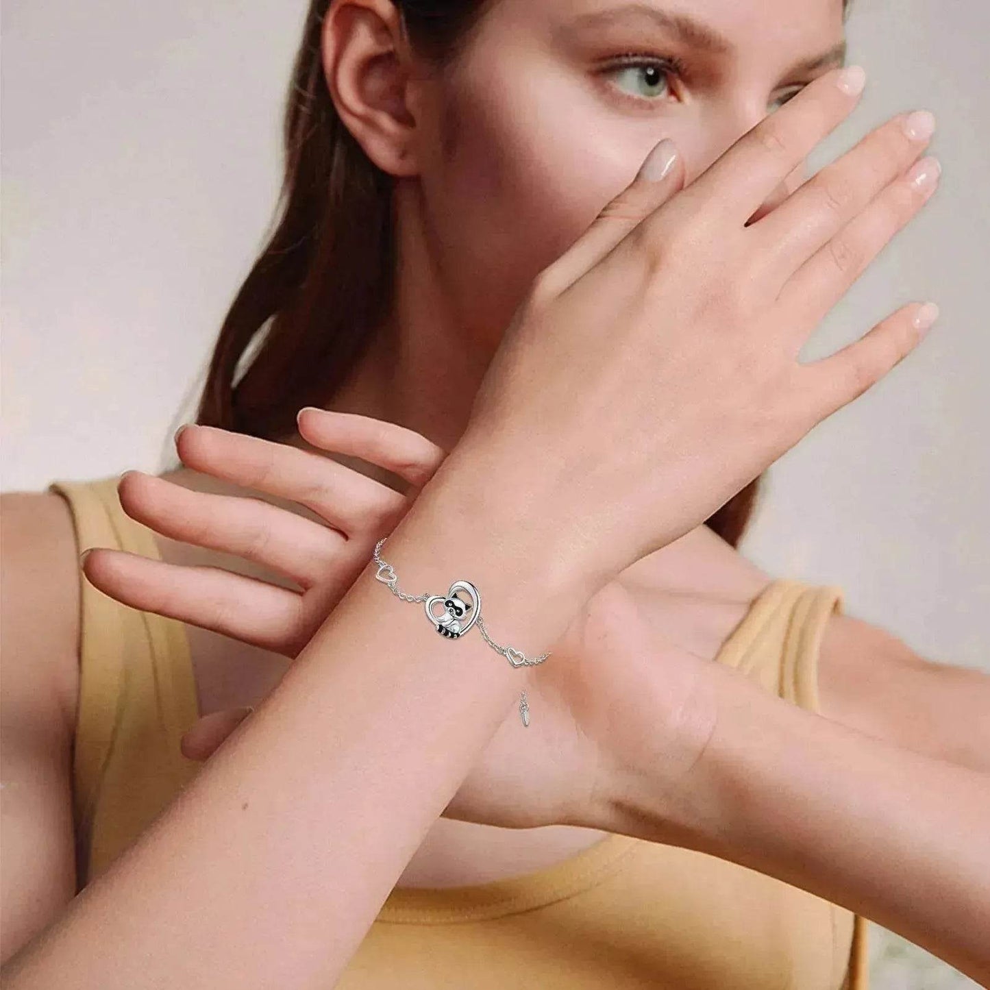 Sterling Silver 925 Heart Shaped Charm Raccoon Bracelet - Velora