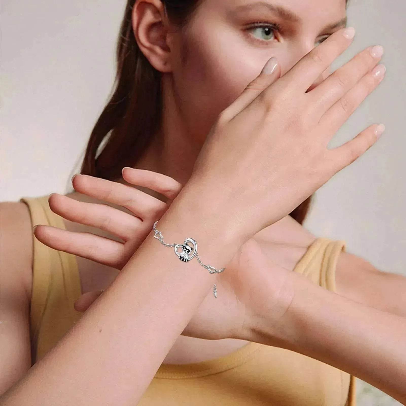 Sterling Silver 925 Heart Shaped Charm Raccoon Bracelet - Velora