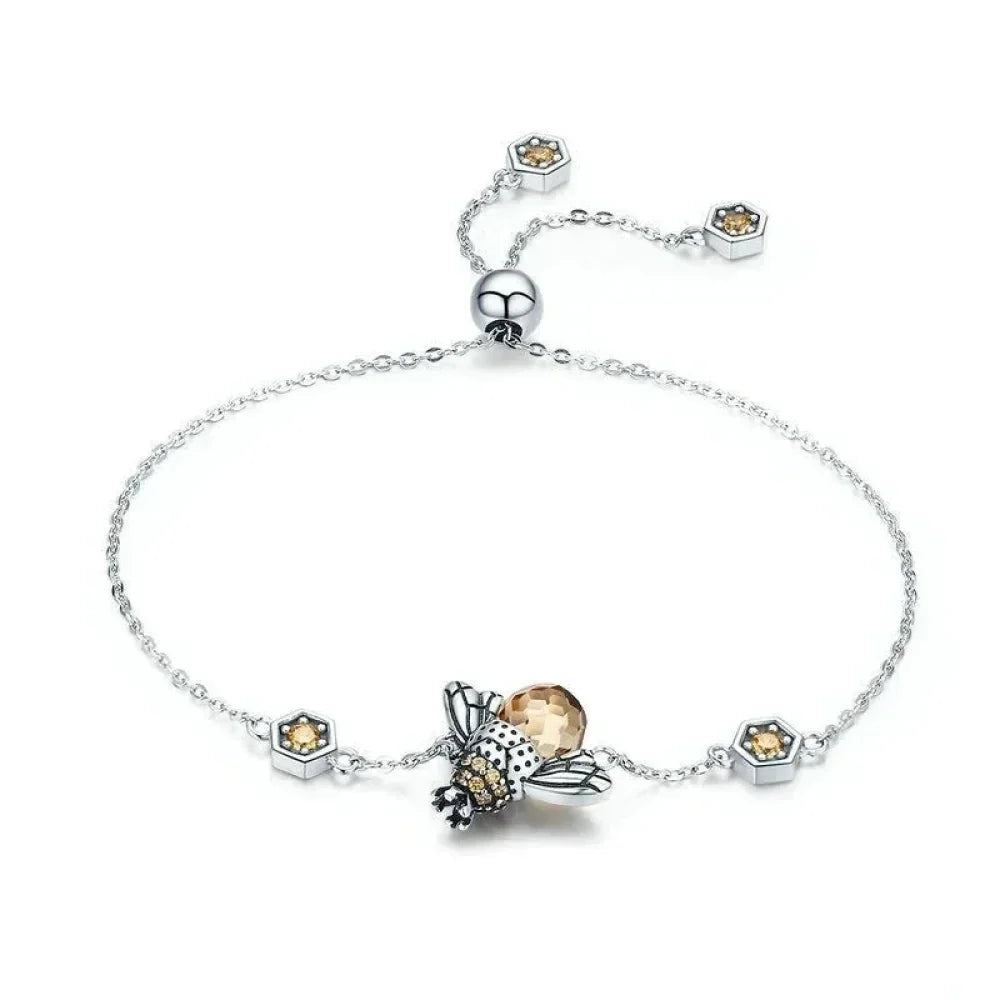 Sterling Silver Dancing Bee Charm Bracelet with CZ - Velora Luxury Fashion