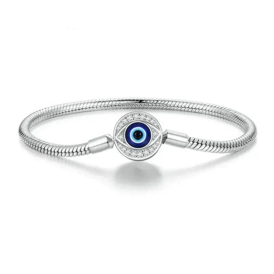 Sterling Silver Evil Eye Charm Bracelet with CZ – Snake Chain - Velora Luxury Fashion