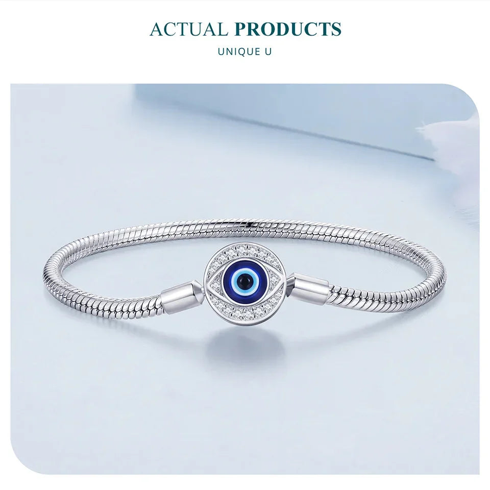 Sterling Silver Evil Eye Charm Bracelet with CZ – Snake Chain - Velora Luxury Fashion
