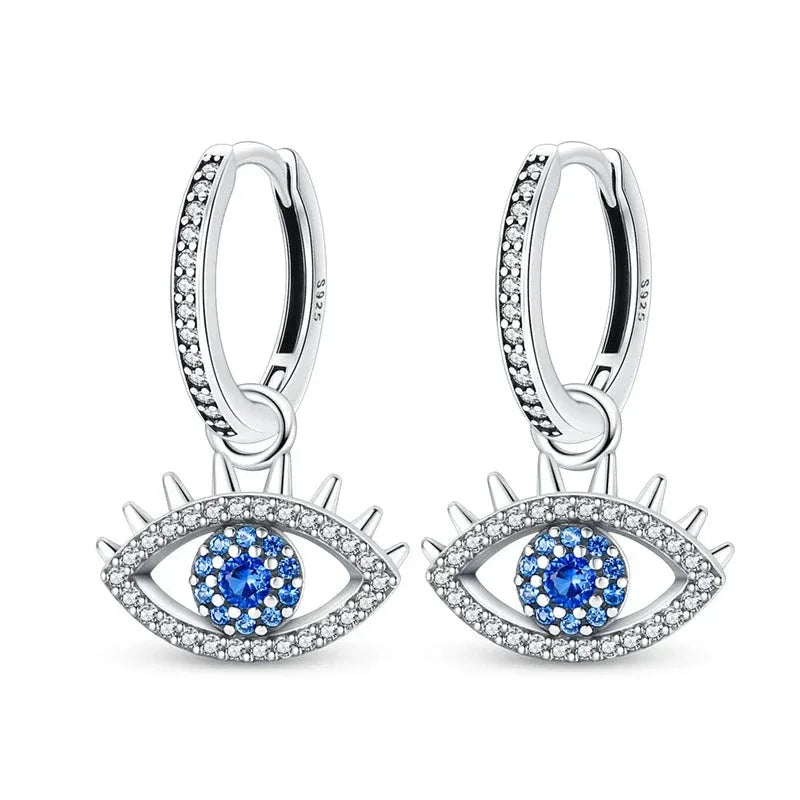 Sterling Silver Evil Eye Hoop Earrings With Blue Cubic Zirconia - Velora Luxury Fashion