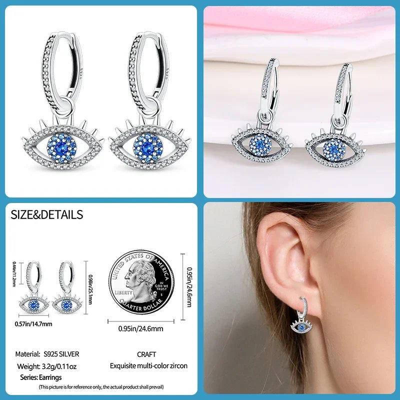 Sterling Silver Evil Eye Hoop Earrings With Blue Cubic Zirconia - Velora Luxury Fashion