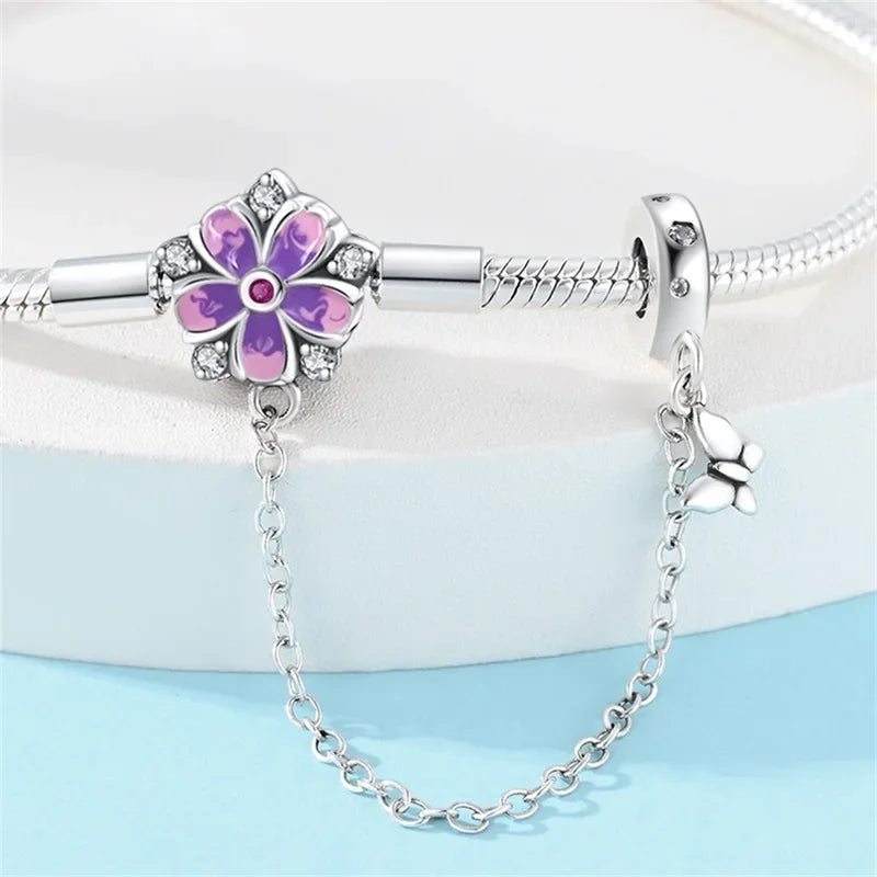 Sterling Silver Floral Charm Bracelet with Safety Chain - Velora Luxury Fashion