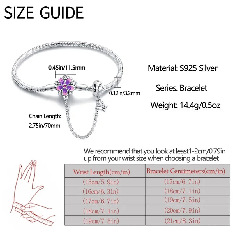 Sterling Silver Floral Charm Bracelet with Safety Chain - Velora Luxury Fashion