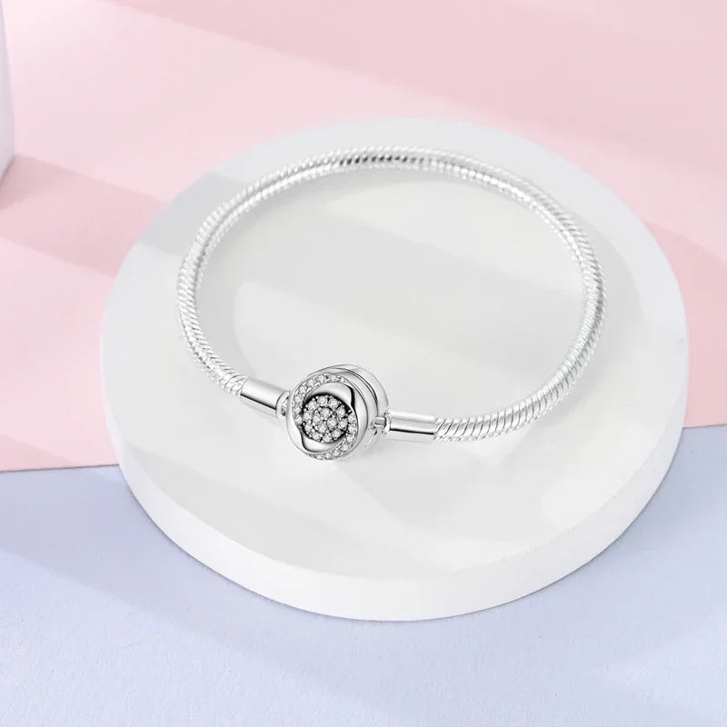 Sterling Silver Snake Chain Bracelet with Rose CZ Clasp - Velora Luxury Fashion