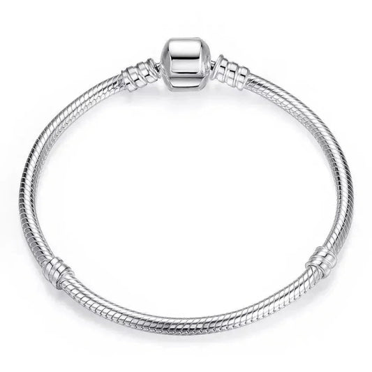 Sterling Silver Snake Chain Charm Bangle – 3mm Barrel Clasp - Velora Luxury Fashion