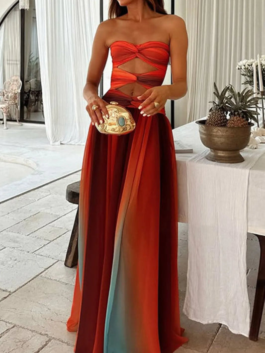Strapless Cut-Out Rainbow Gradient Maxi Dress - Velora Luxury Fashion