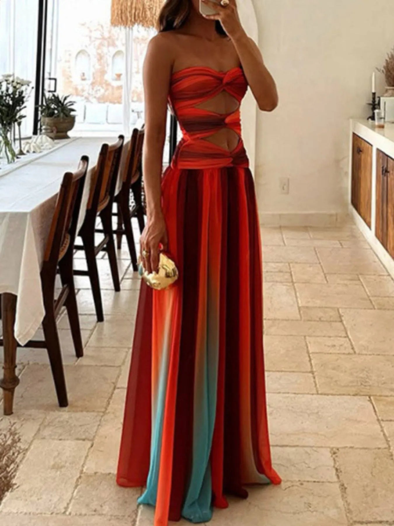 Strapless Cut-Out Rainbow Gradient Maxi Dress - Velora Luxury Fashion