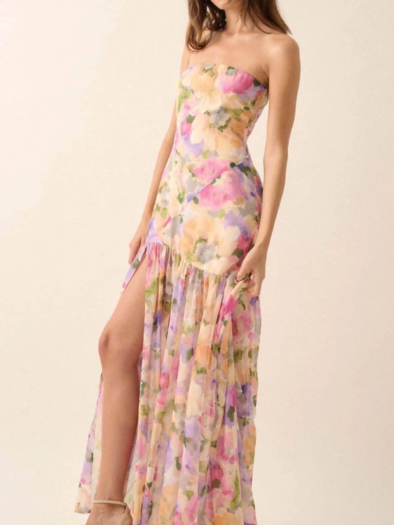 Strapless Floral Maxi Dress with Side Slit - Velora Luxury Fashion