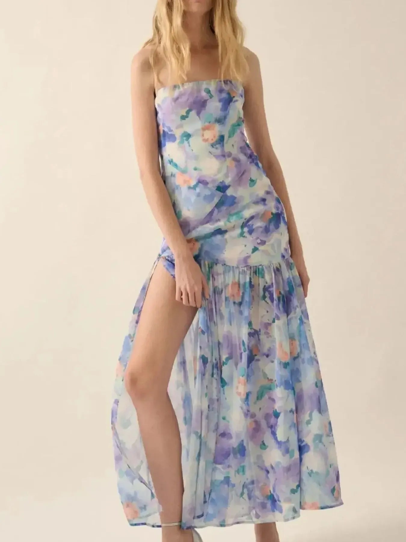 Strapless Floral Maxi Dress with Side Slit - Velora Luxury Fashion