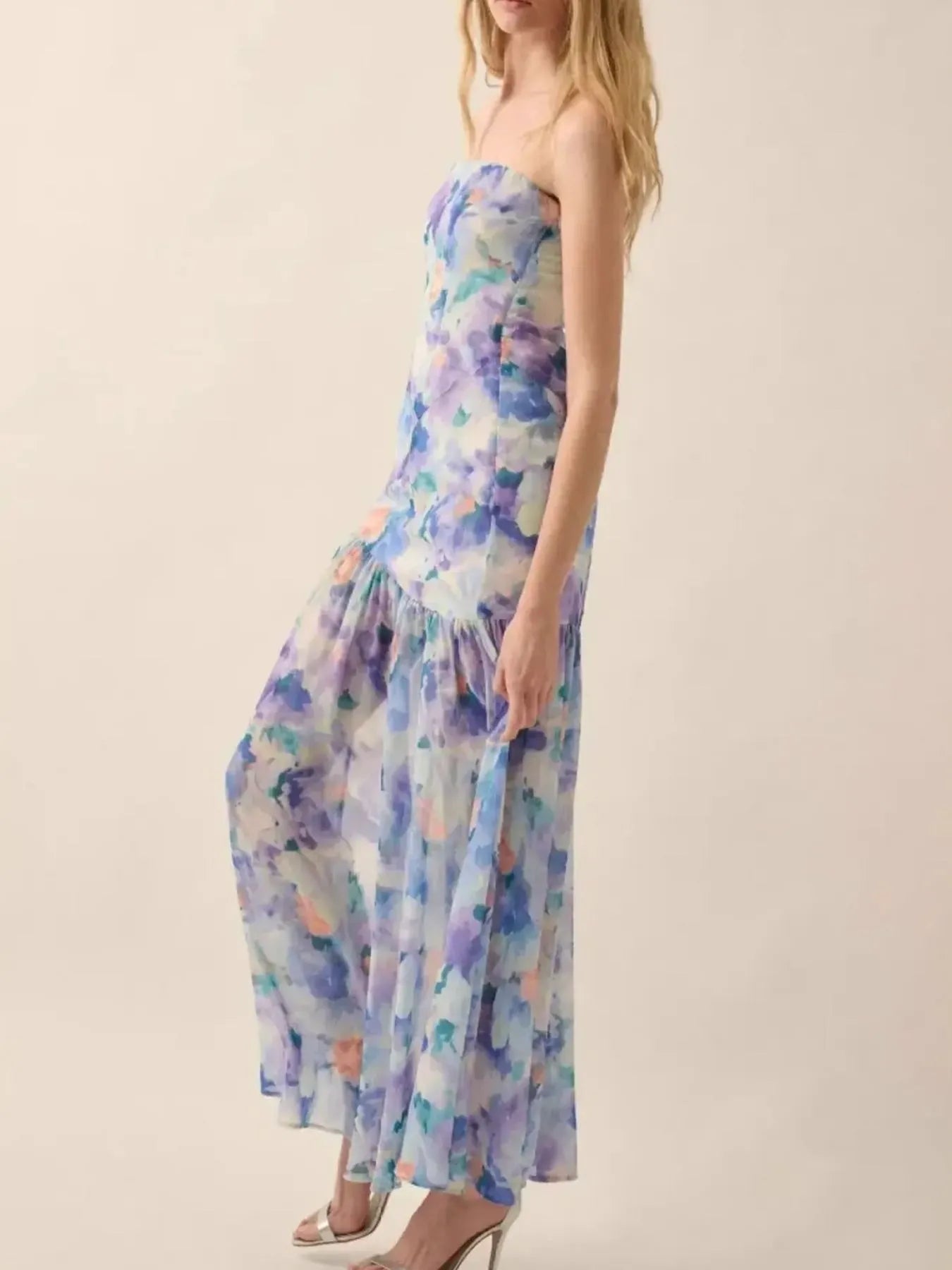 Strapless Floral Maxi Dress with Side Slit - Velora Luxury Fashion