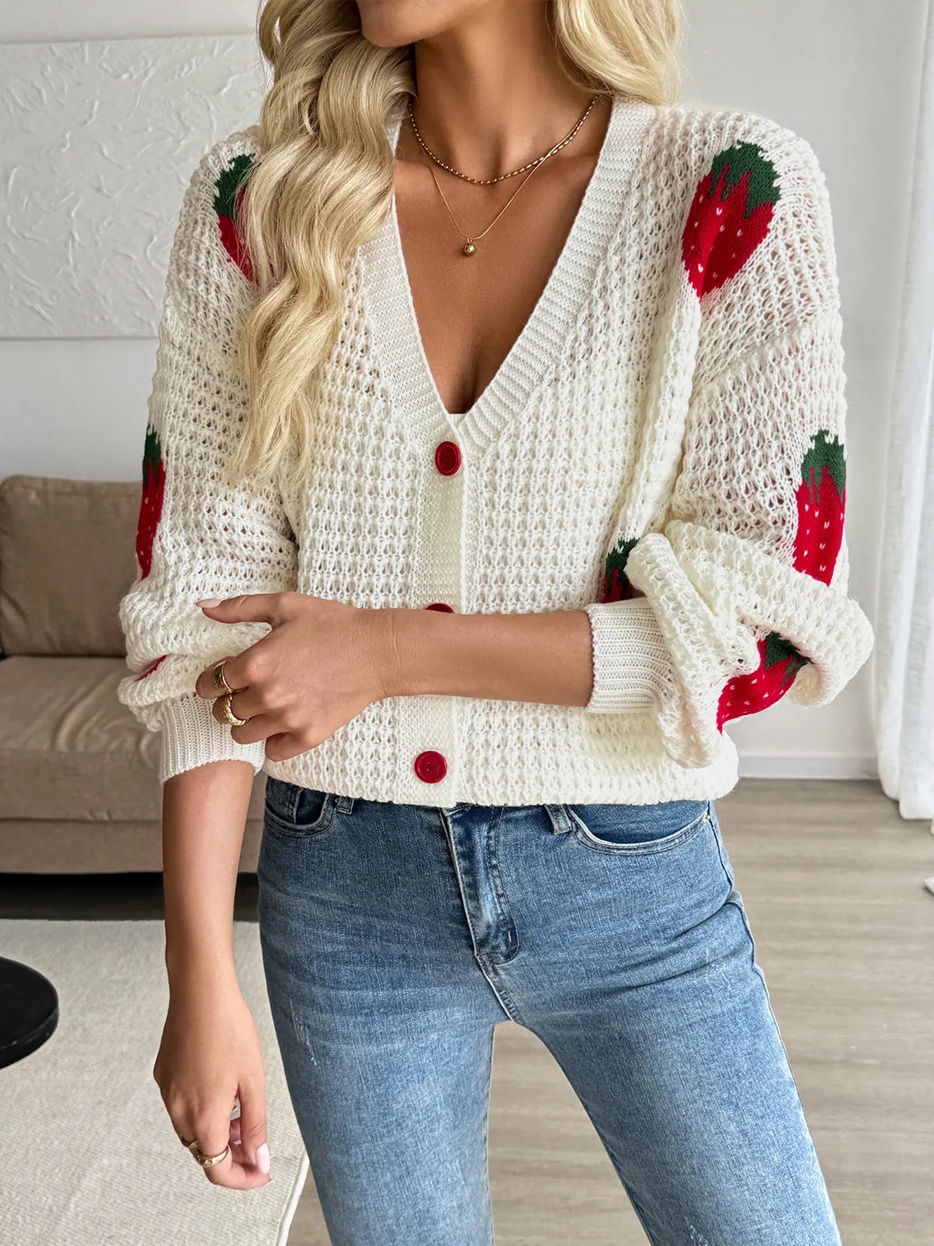 Strawberry Pattern V-Neck Button-Up Cardigan - Velora Luxury Fashion