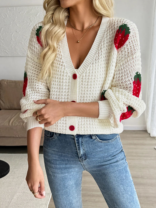 Strawberry Pattern V-Neck Button-Up Cardigan - Velora Luxury Fashion
