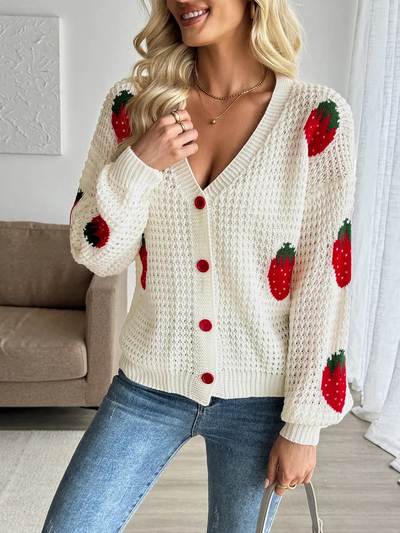 Strawberry Pattern V-Neck Button-Up Cardigan - Velora Luxury Fashion