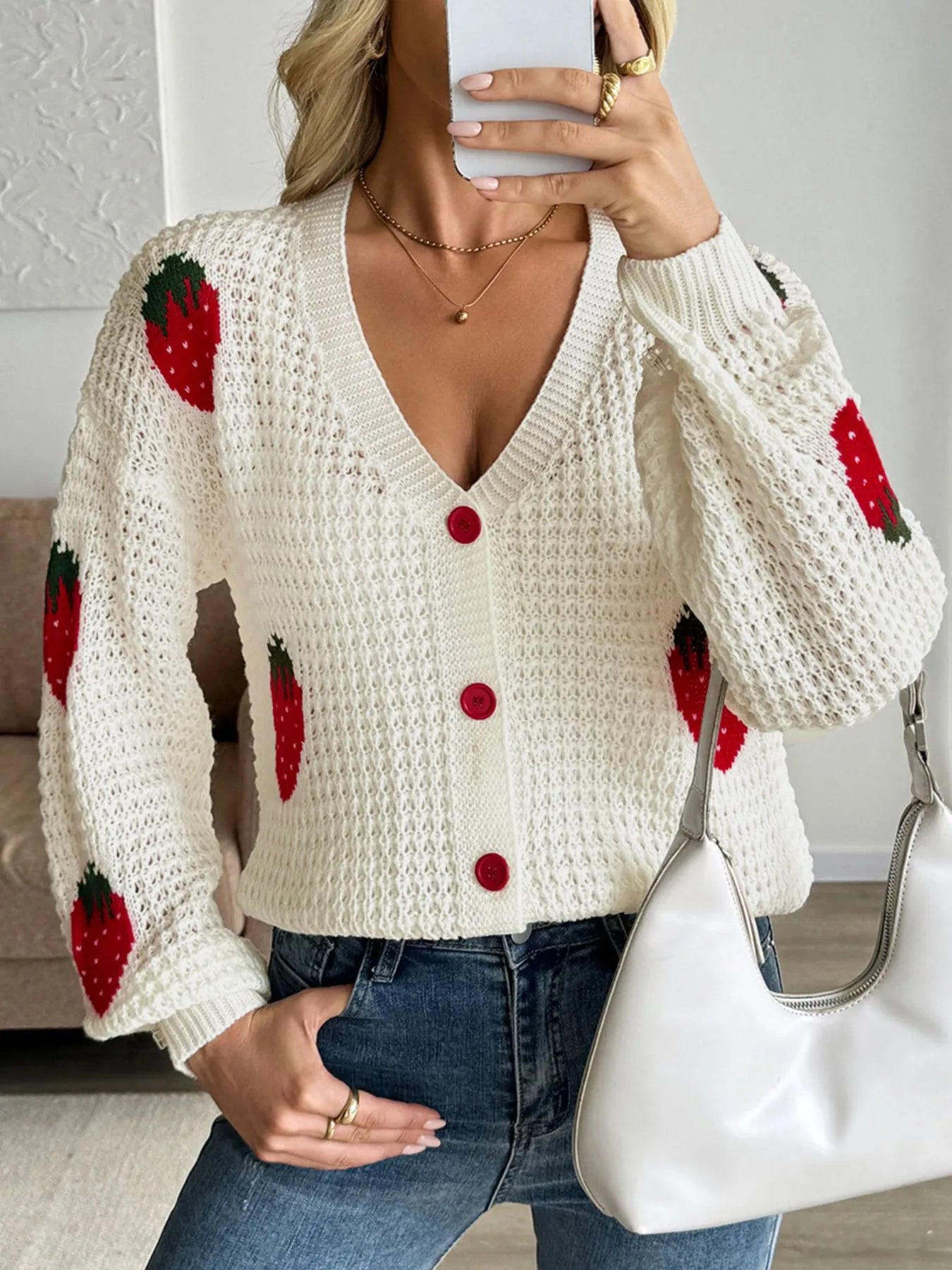 Strawberry Pattern V-Neck Button-Up Cardigan - Velora Luxury Fashion