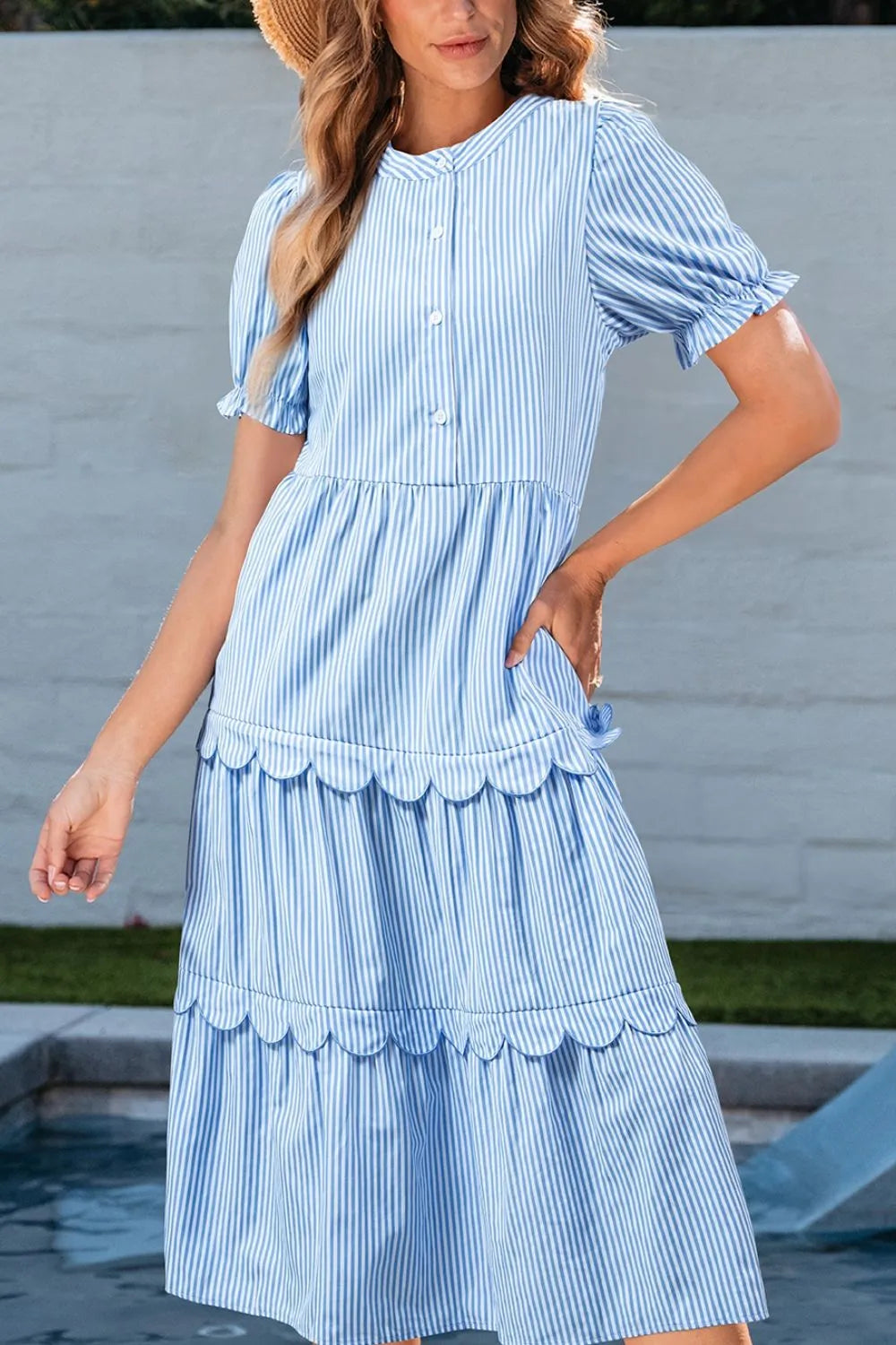 Stripe Bubble Short Sleeve Tiered Scallop Midi Dress - Velora