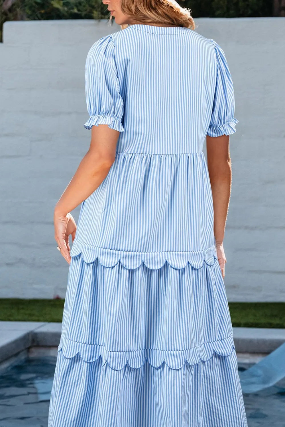 Stripe Bubble Short Sleeve Tiered Scallop Midi Dress - Velora