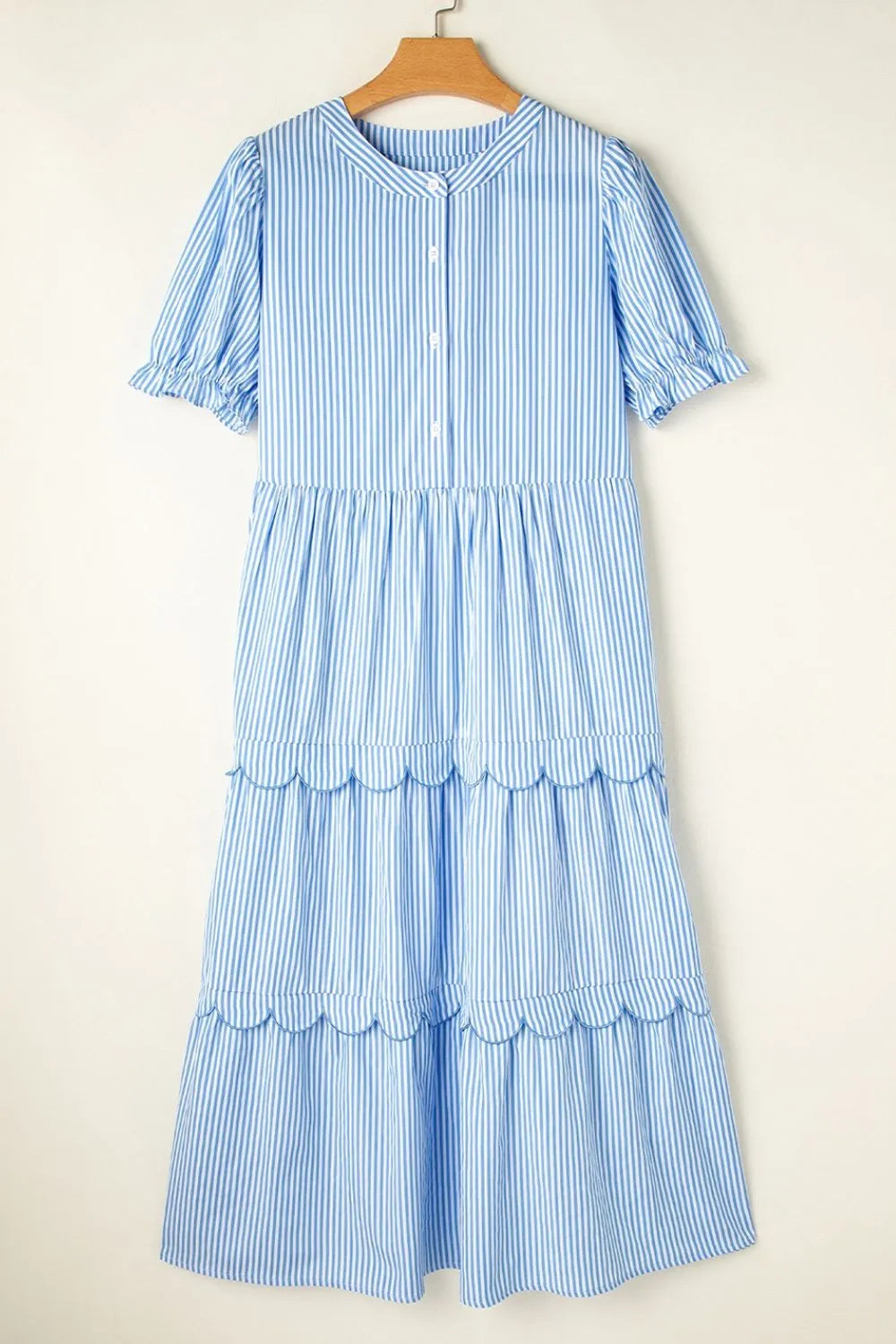 Stripe Bubble Short Sleeve Tiered Scallop Midi Dress - Velora