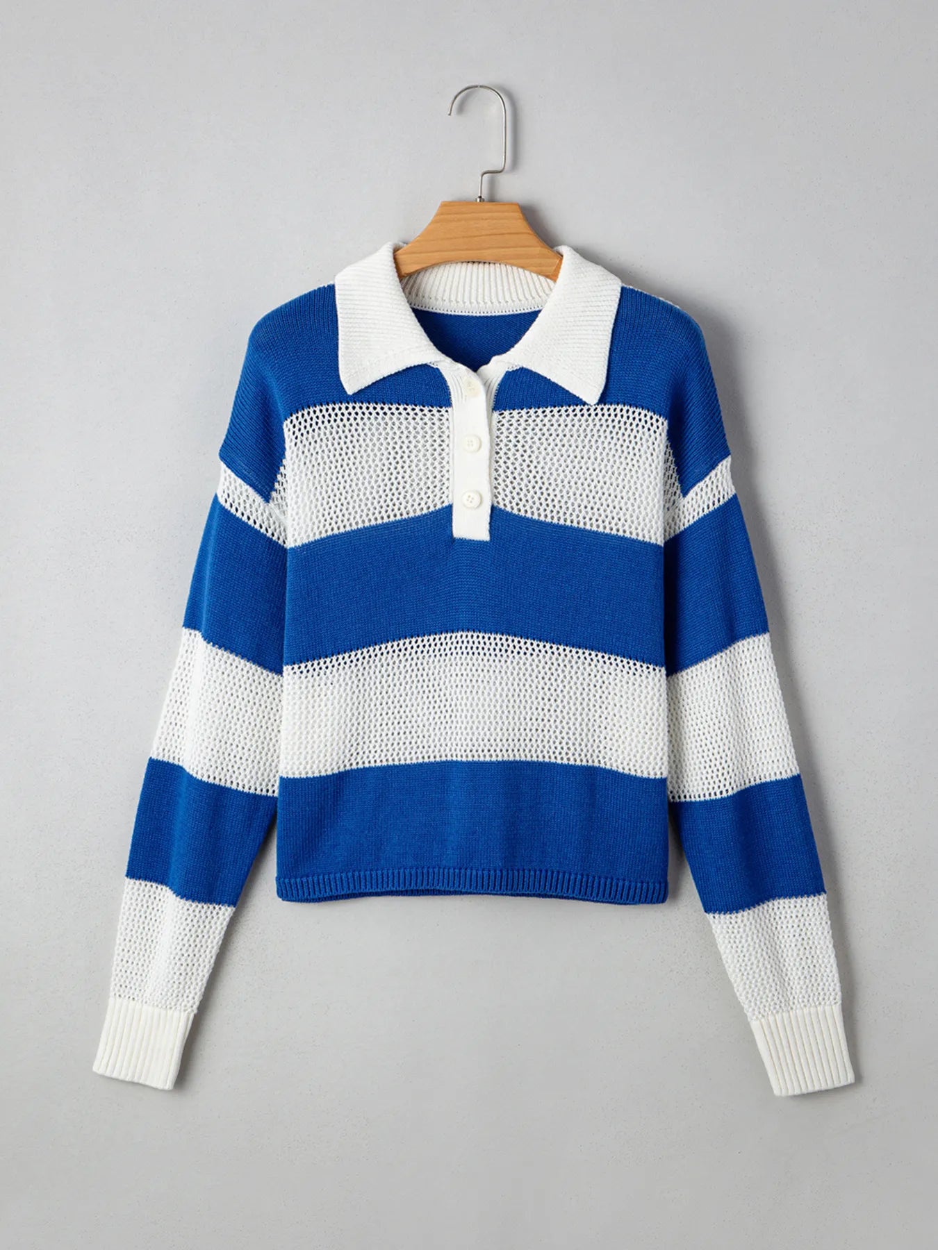 Stripe Colorblock Polo Collar Crochet Knitted Cover Up - Velora Luxury Fashion