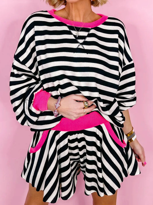 Stripe Contrast Ribbed Banding Long Sleeve Blouse and Loose Shorts Set - Velora Luxury Fashion