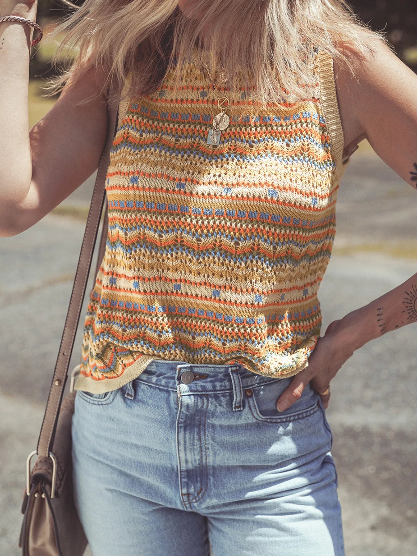 Stripe Eyelet Crochet Round Neck Sweater Vest - Velora Luxury Fashion