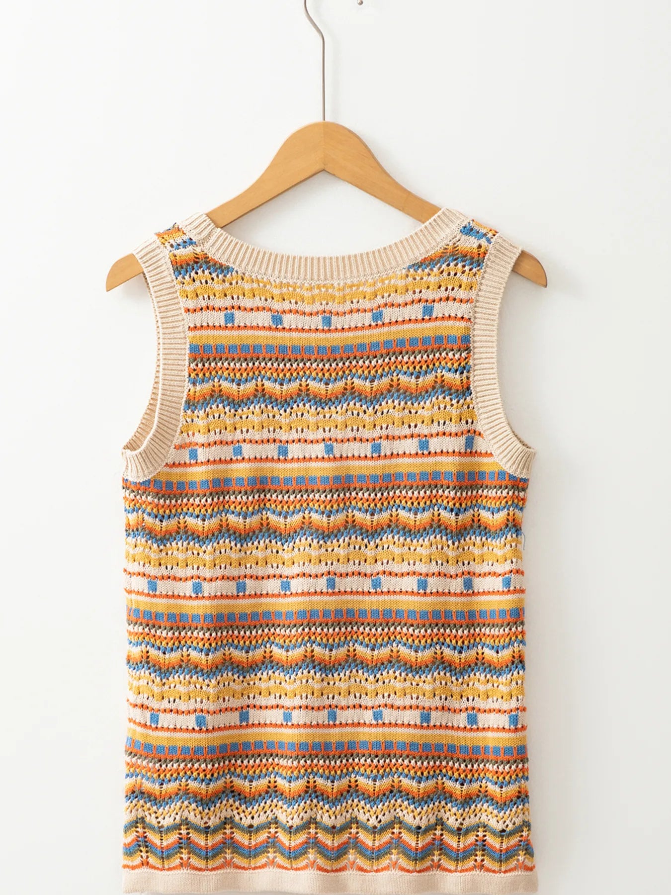 Stripe Eyelet Crochet Round Neck Sweater Vest - Velora Luxury Fashion