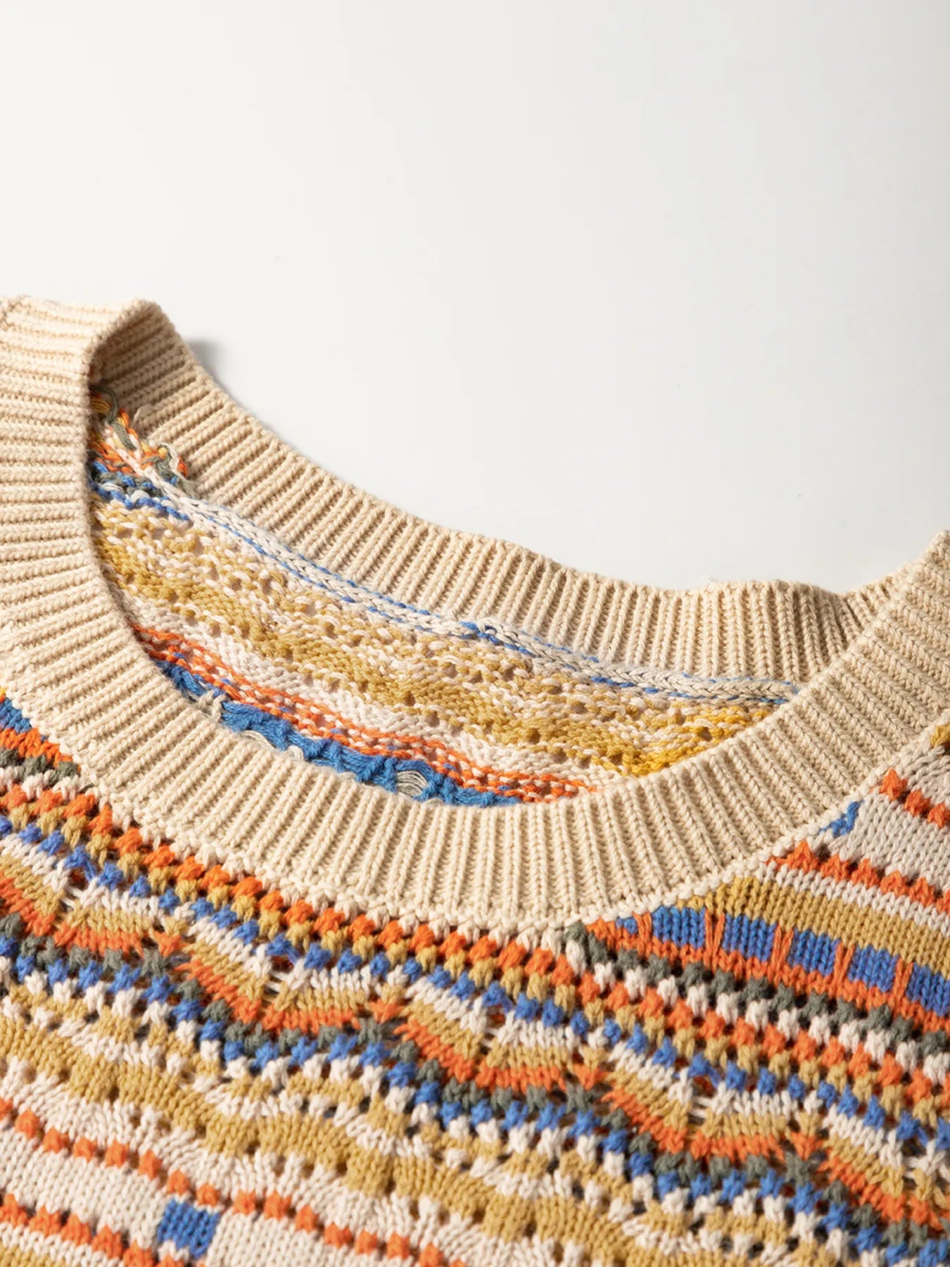 Stripe Eyelet Crochet Round Neck Sweater Vest - Velora Luxury Fashion