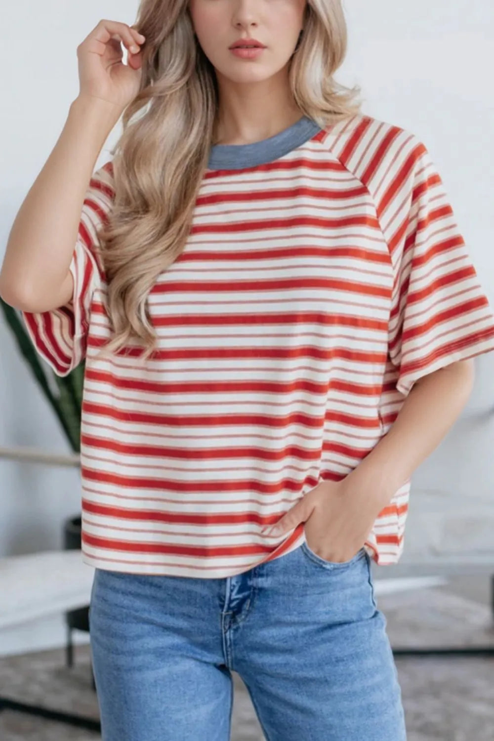 Stripe Print Contrast Collar Raglan Sleeve T Shirt - Velora Luxury Fashion