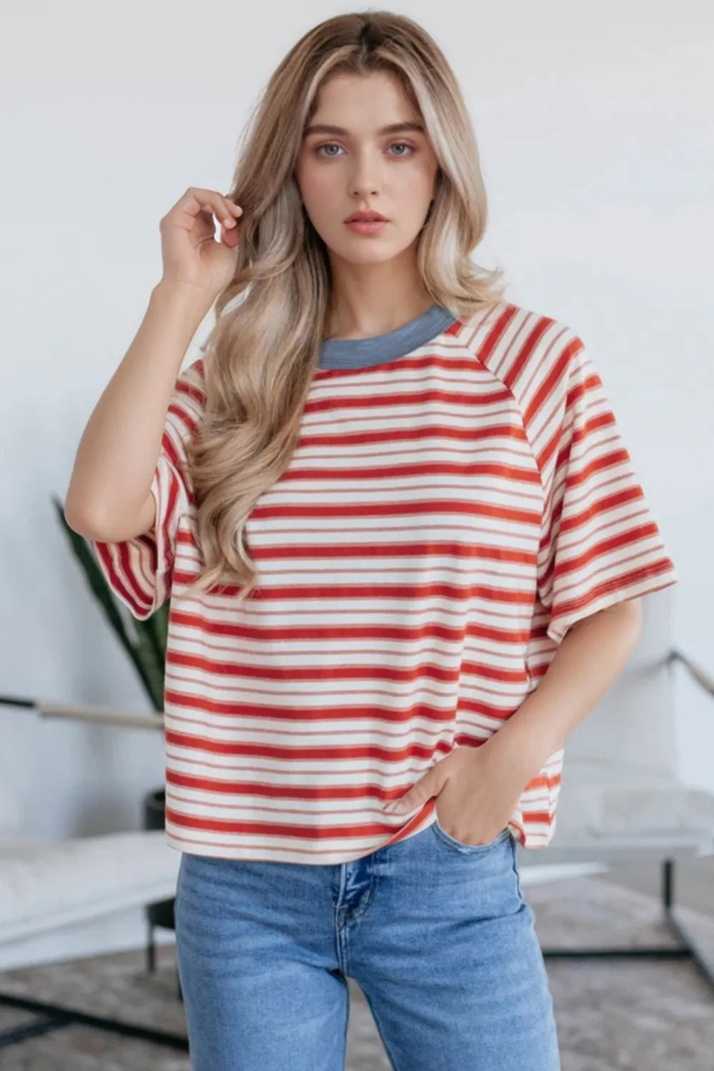 Stripe Print Contrast Collar Raglan Sleeve T Shirt - Velora Luxury Fashion