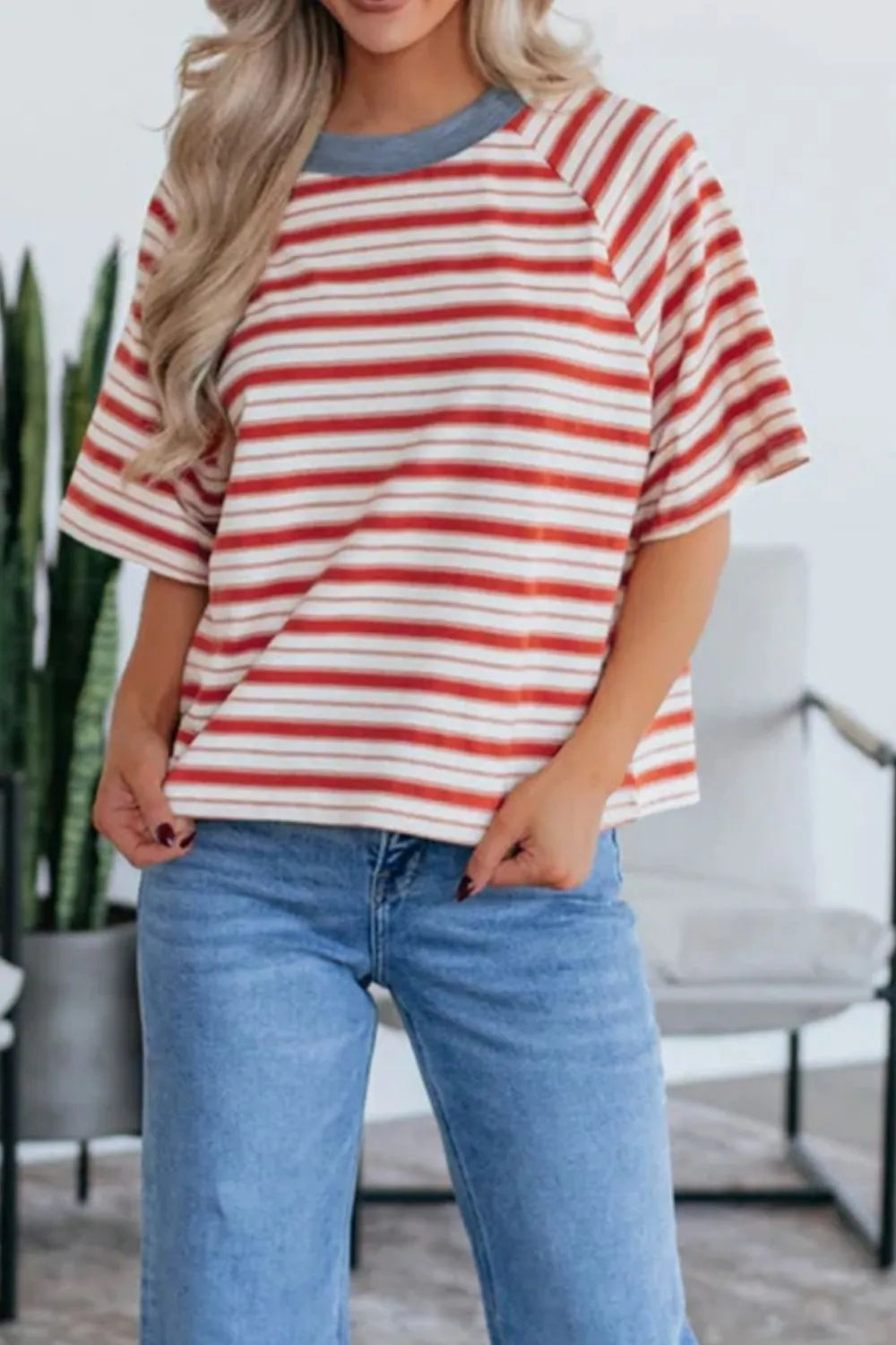 Stripe Print Contrast Collar Raglan Sleeve T Shirt - Velora Luxury Fashion