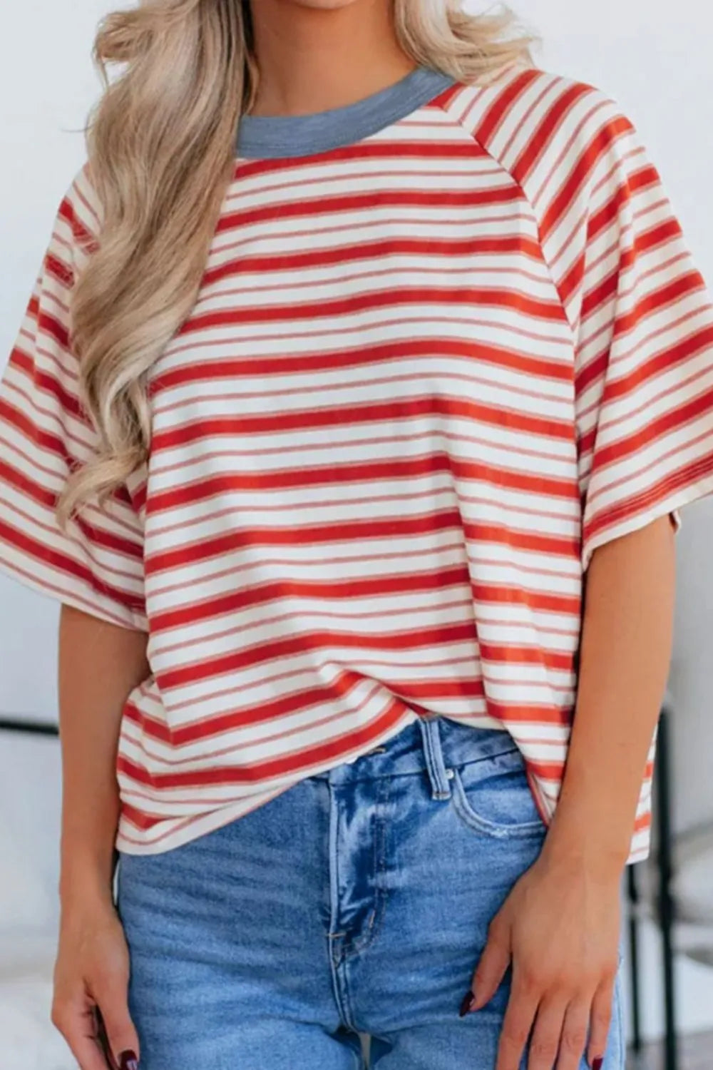 Stripe Print Contrast Collar Raglan Sleeve T Shirt - Velora Luxury Fashion