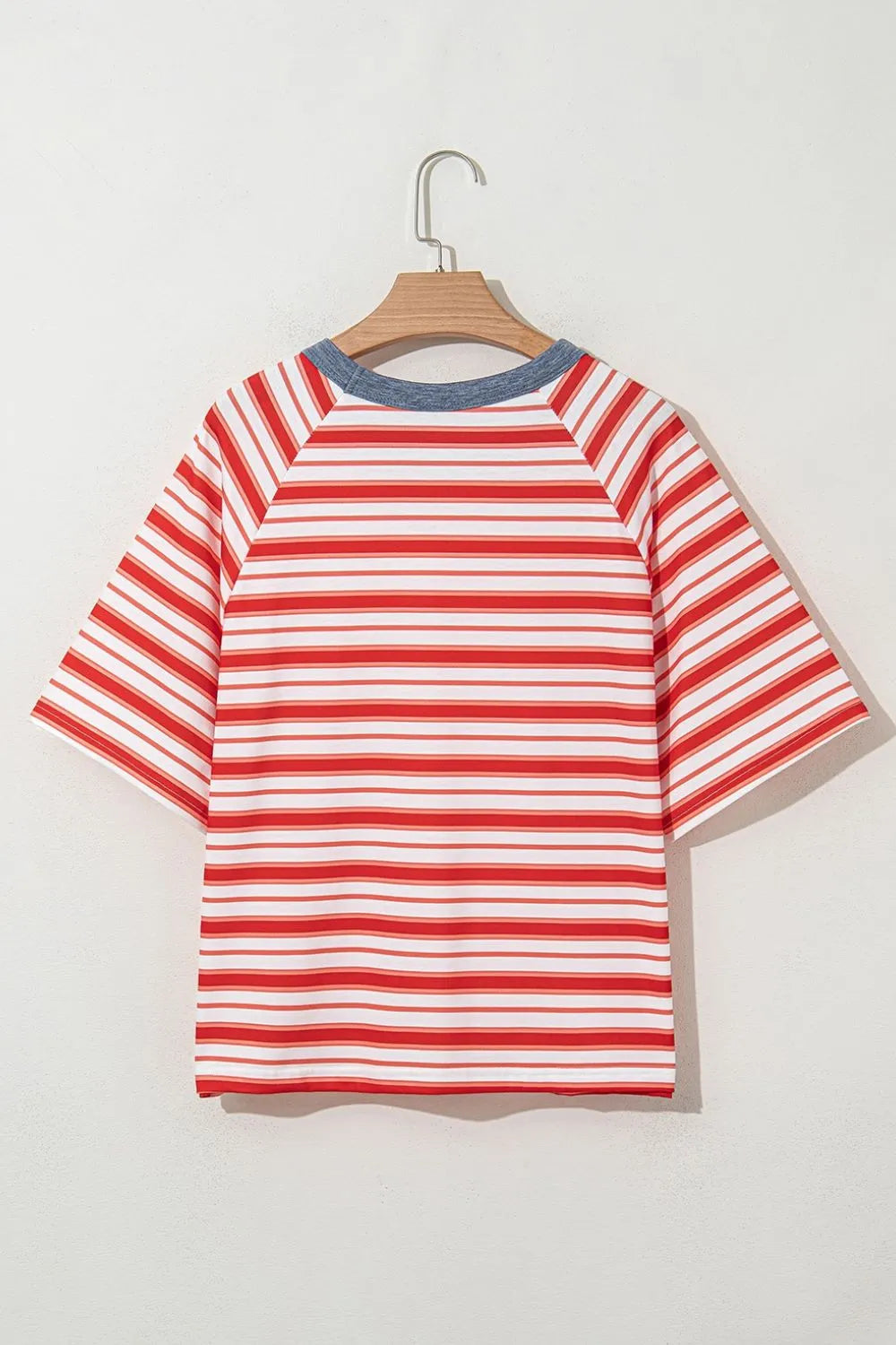 Stripe Print Contrast Collar Raglan Sleeve T Shirt - Velora Luxury Fashion