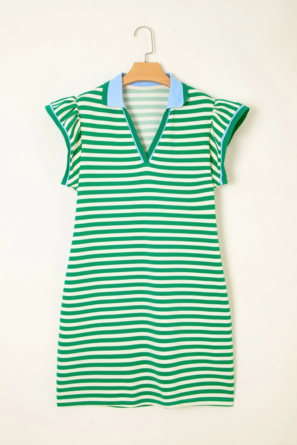 Stripe Print Contrast Collar Split Neck Flutter Sleeve Dress - Velora Luxury Fashion