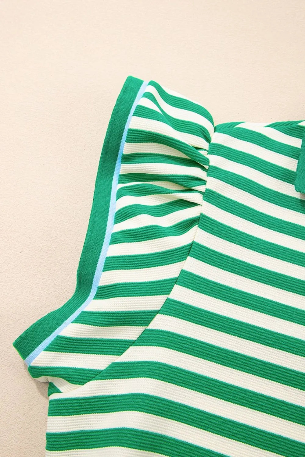 Stripe Print Contrast Collar Split Neck Flutter Sleeve Dress - Velora Luxury Fashion