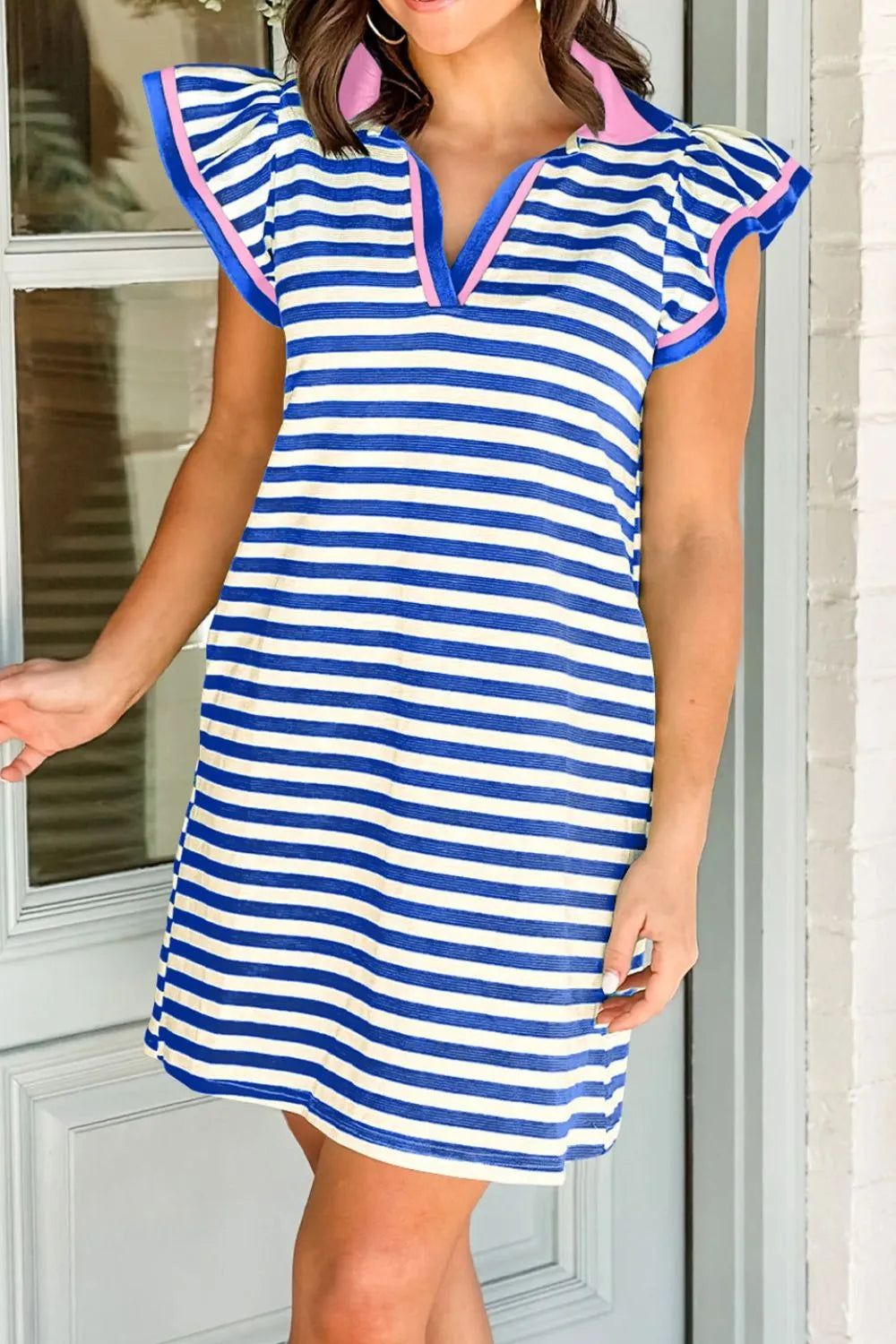 Stripe Print Contrast Collar Split Neck Flutter Sleeve Dress - Velora Luxury Fashion