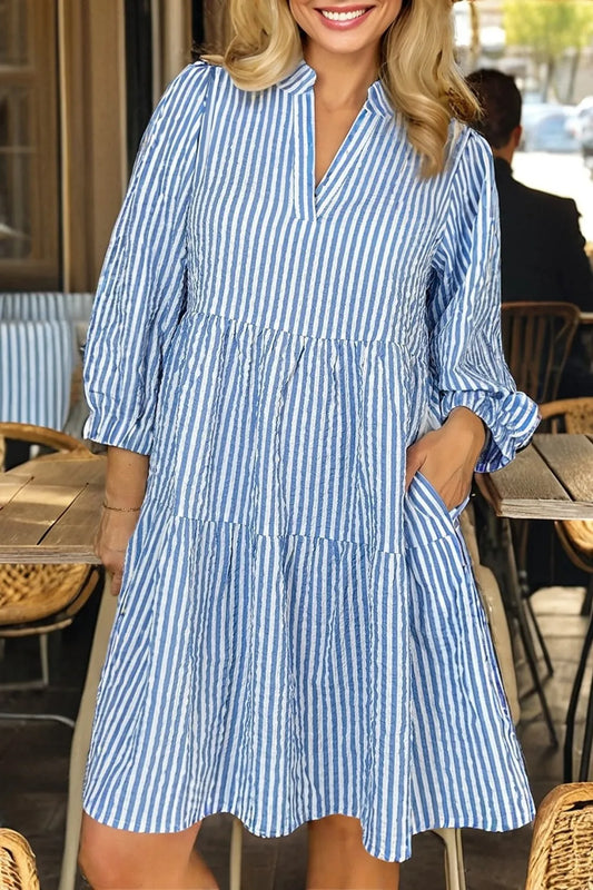 Stripe Tiered Shift Dress with Pockets - Velora Luxury Fashion