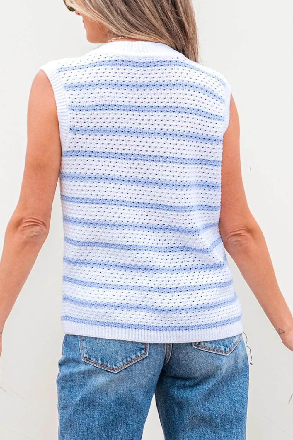 Stripe V Neck Gold Buttons Elegant Sweater Vest - Velora Luxury Fashion