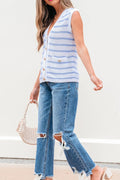 Stripe V Neck Gold Buttons Elegant Sweater Vest - Velora Luxury Fashion