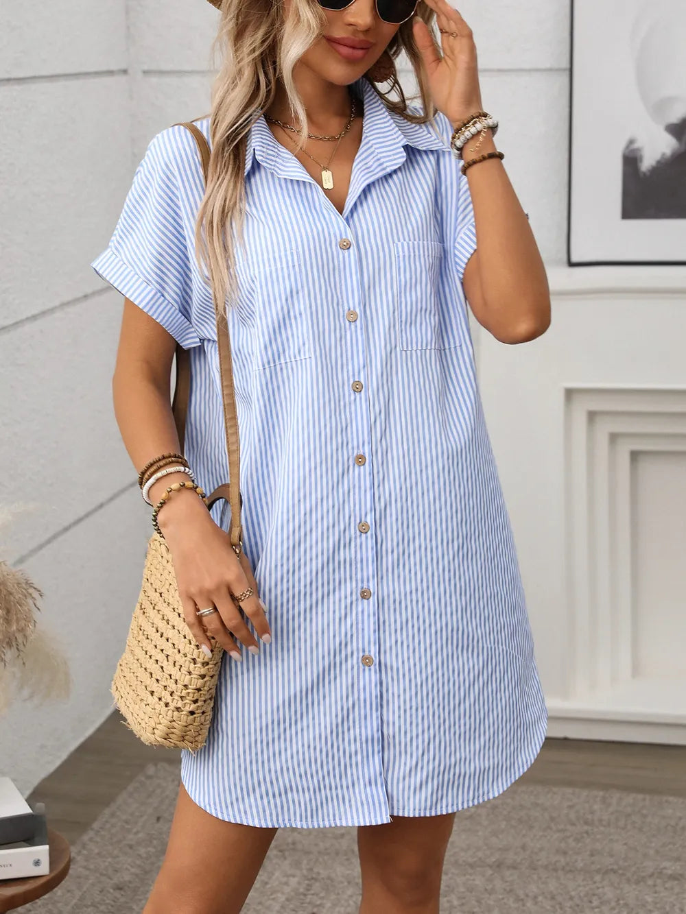 Striped Button Down Short Sleeve Mini Dress - Velora Luxury Fashion