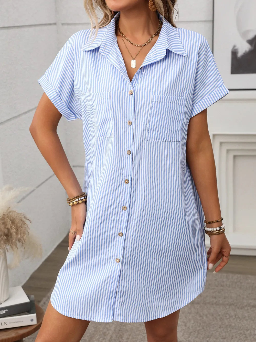 Striped Button Down Short Sleeve Mini Dress - Velora Luxury Fashion