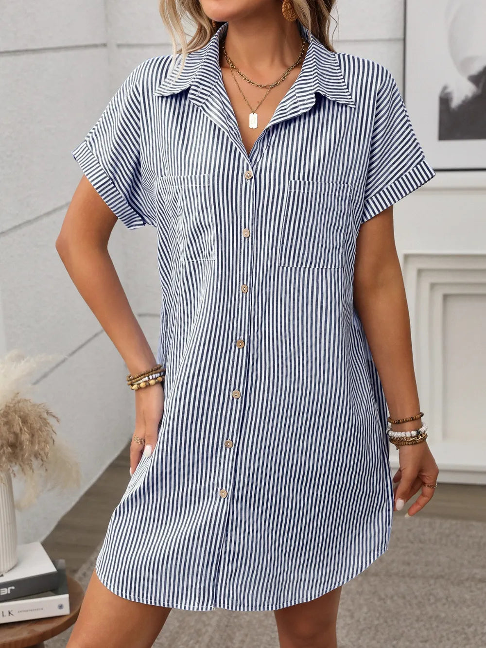 Striped Button Down Short Sleeve Mini Dress - Velora Luxury Fashion