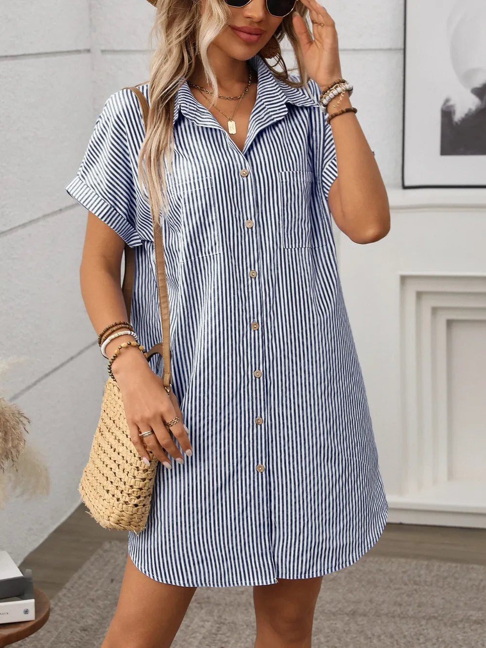 Striped Button Down Short Sleeve Mini Dress - Velora Luxury Fashion