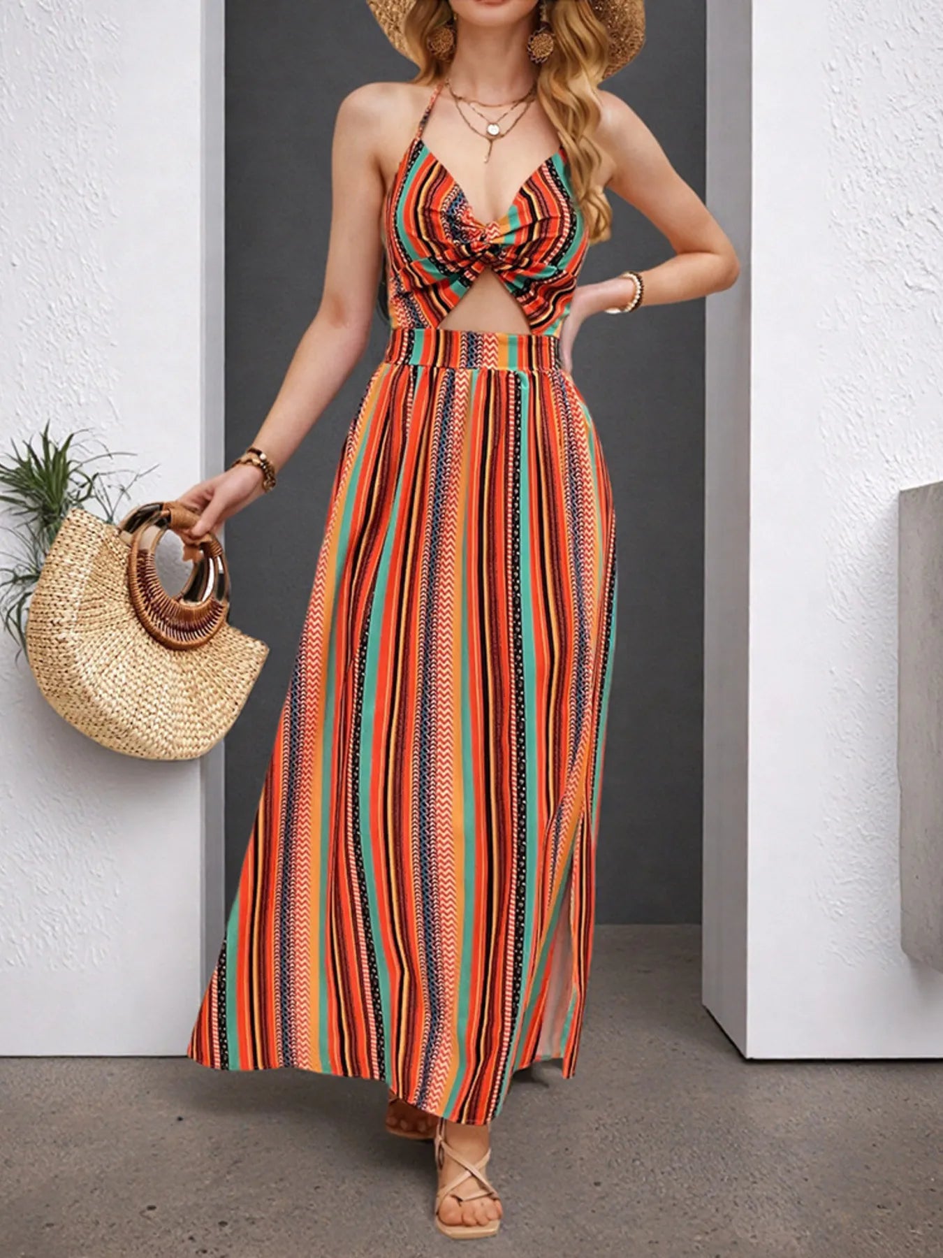 Striped Halter Maxi Dress with Cutout Detail - Velora Luxury Fashion